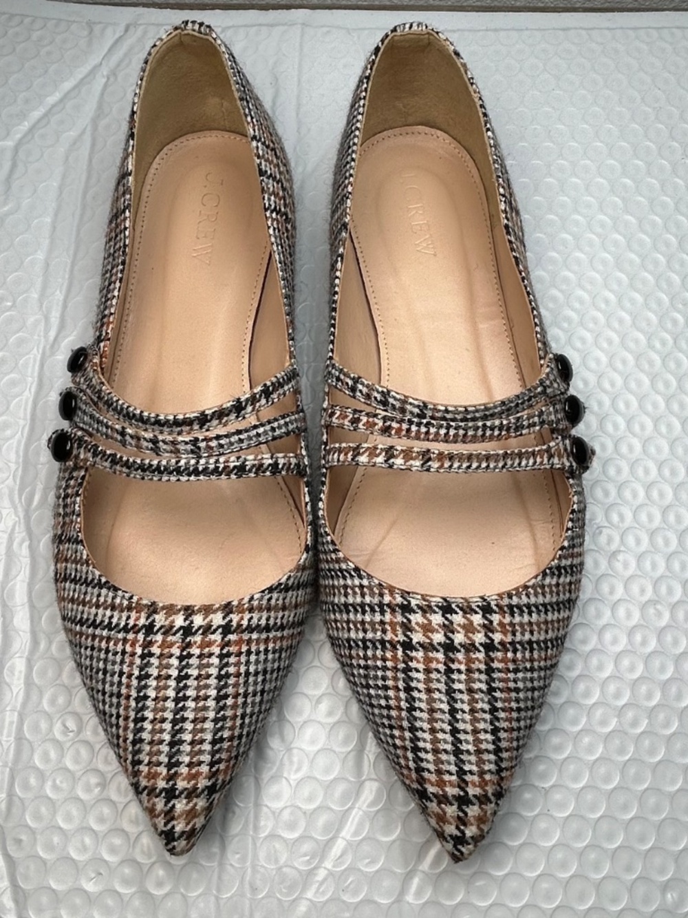 J.Crew Plaid Strappy Pointy Toe Ballet Flats Triple Cross Strap Women's 7.5